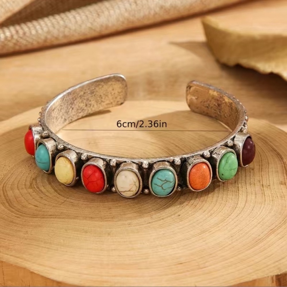 2 LEFT! Bohemian Mutli Colored Turquoise Bangle Cuff Bracelet - Picture 4 of 5